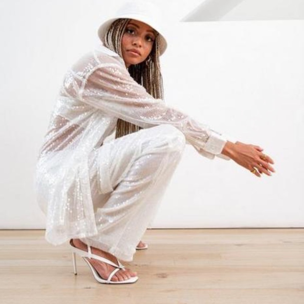 Missguided White Sequin Sheer Jacket and Trouser Set